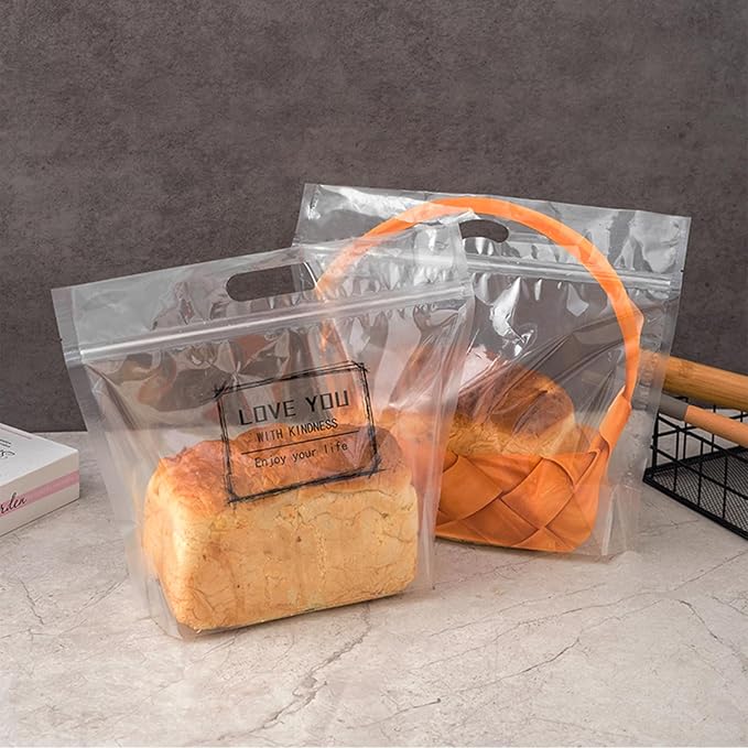 50 pcs 7.9 Inch Large Clear Bread Plastic Bags with Handle, Sealing Zipper Loaf Packaging with Basket Pattern for Homemade Bread Cookie, Bakery Cafe