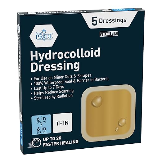 MED PRIDE Hydrocolloid Adhesive Dressings for Pilonidal Cyst, Sterile, Highly Absorbent, Water-Resistant, Long-Lasting (6'' x 6'' 5 Thin)