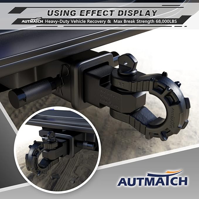 AUTMATCH Shackle Hitch Receiver 2" with 3/4" Mega D Ring Shackle and 5/8" Trailer Hitch Lock Pin, 68,000 Lbs Break Strength Heavy Duty Receiver Towing Kit for Off-Road Vehicle Recovery, Matte Black