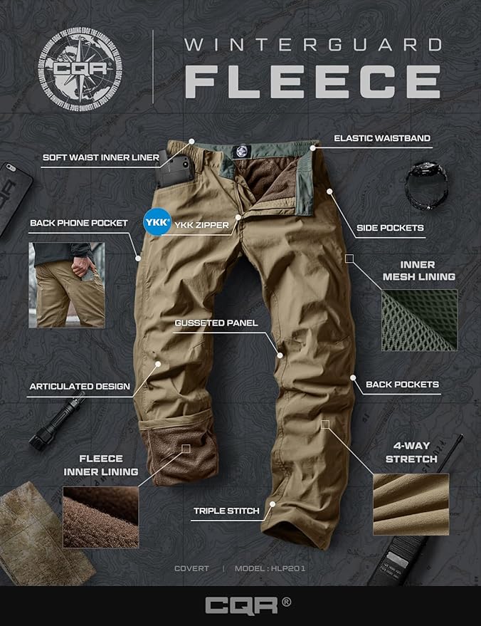 CQR Men's Winter Fleece Lined Pants, Water-Resistant Outdoor Stretch Work Pants, Windproof Casual Pants with Pockets
