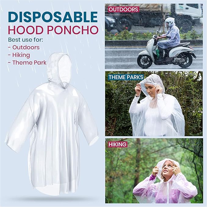 20-Pack Emergency Disposable Rain Ponchos for Adults – 100% Waterproof with Hood | Clear Lightweight Unisex Raincoats for Camping, Hiking & Travel
