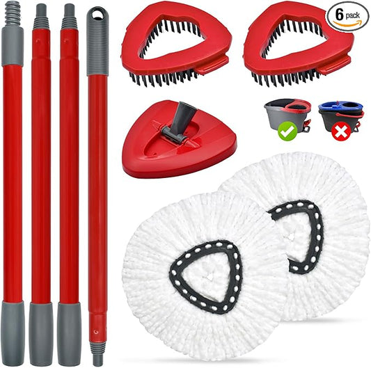 Spin Mop Handle,Mop Replace Heads,Brush and Base Compatible with O Cedar EasyWring 1 Tank,2 Microfiber Mop Refills and Brush,4-Section 30-58" Mop Handle,Mop Base Combo Set for Wet/Dry Floor Cleaning