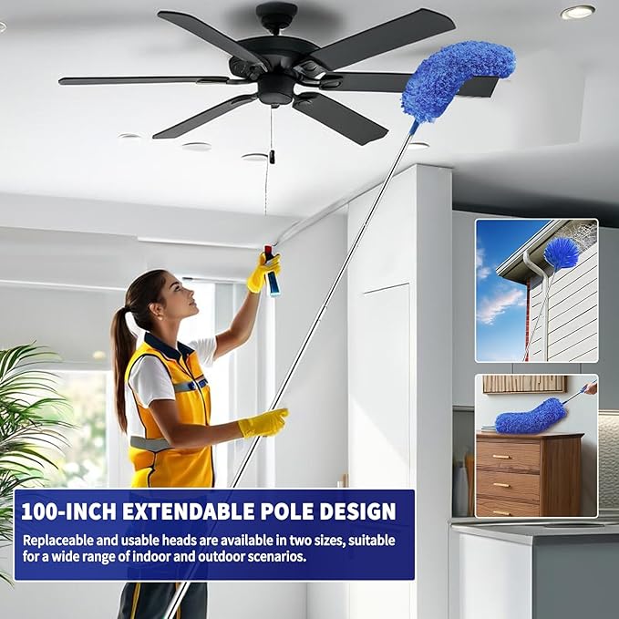Cobweb Duster with Extension Pole, Washable Cleaning Duster Set with 2 Duster Heads, Spider Web Brush with Pole,high Ceiling Duster with Extension Pole,Cleaning Supplies,Ceiling Fan Cleaner