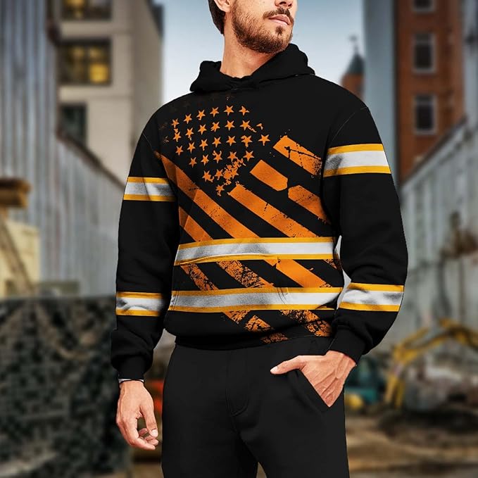 Color US Flag High Visibility Hoodie for Men Women Reflective Tapes Safety Workwear for Worker Runner Patriotic