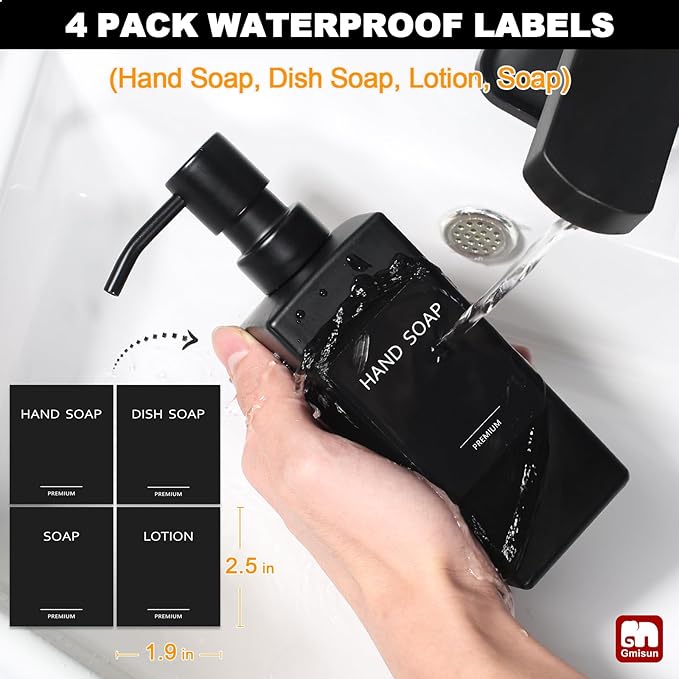 GMISUN Black Soap Dispenser, Hand Soap Dispenser Bathroom, 12 fl oz/350ml Glass Soap Dispensers with Stainless Steel Pump, Refillable Liquid Dish Dispensers for Kitchen, Modern Soap and Lotion Bottle