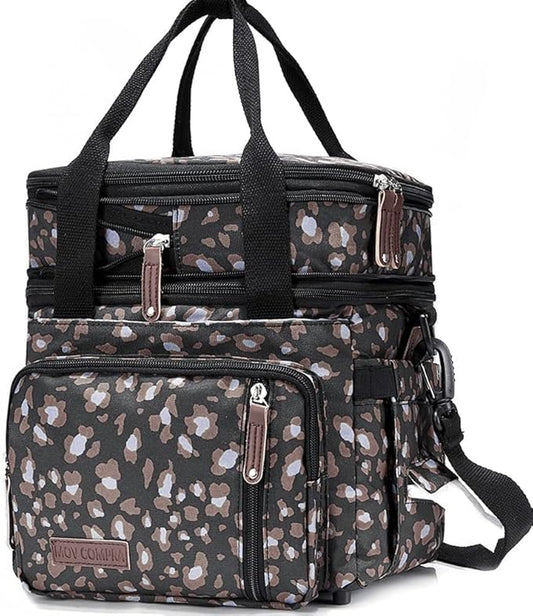 MOV COMPRA Leopard Lunch Bags for Women,Expandable Large Lunch Box,Leakproof Double Deck Lunch Box Cooler Tote Bag with Removable Shoulder Strap（Leopard Print）