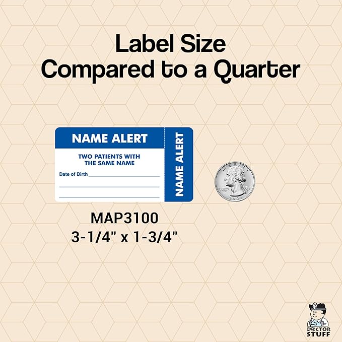Name Alert Label for Two Patients with Same Name with DOB Field 3-1/4” x 1-3/4” White Blue Doctor Stuff 250 Stickers/Roll Permanent Adhesive for Patient Safety and Compliance
