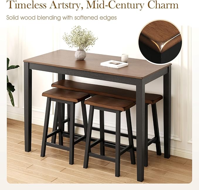 Sophia & William Dining Table Set for 4, Wooden Kitchen Table Set with Bench and 2 Chairs, Space-Saving Farmhouse Dining Sets, Walnut & Black