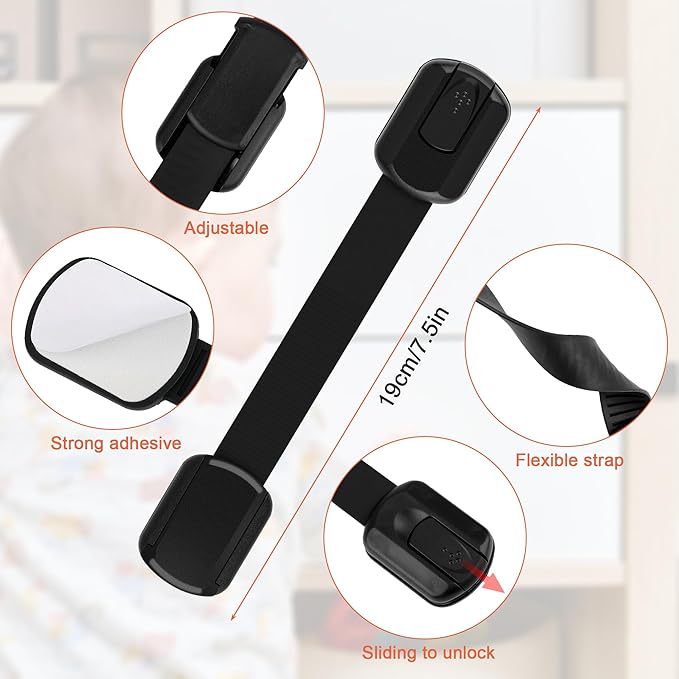 Child Safety Strap Locks 12 Pack Child Safety Locks Baby Proofing Drawers Locks Coolrunner Child Locks for Drawers, Cabinets, Dishwasher, No Tools or Drilling Required (Black)