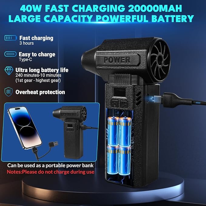 Violent Turbo Fan,Electric Compressed Air Duster & Vacuum Cleaner, Portable Rechargeable Cordless Handheld Air Blower with LED Light & Power Bank for PC, Outdoor, House, Car,20000mAh