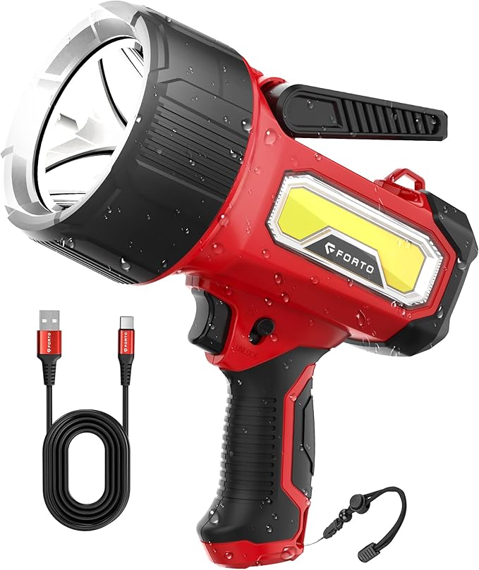FORTO Rechargeable Spotlight Flashlight with 80000 Candela, 200000 Lumens Handheld Spotlight with Foldable Stand, 6 Modes IPX7 Waterproof LED Spot Lights for Boating Hunting Hiking (Red)
