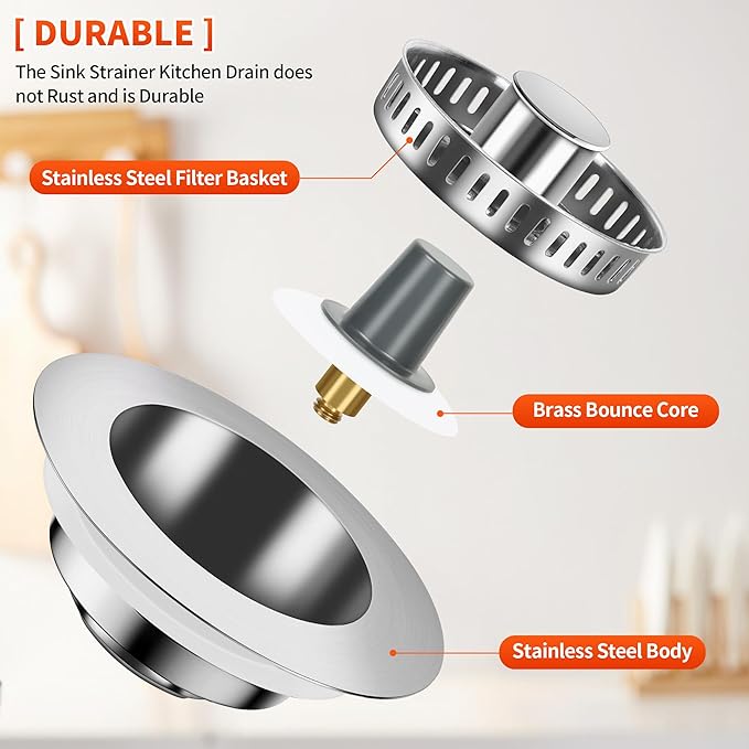 3-in-1 Kitchen Sink Drain Strainer with Bounce Core - Universal Stainless Steel Drain Stopper，Easy to Install & Clean, Upgraded Design
