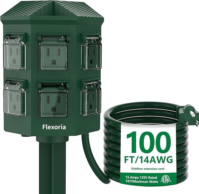 Outdoor Power Strip Waterproof, 100 FT Extension Cord, 6 Grounded Outlets for Halloween/Christmas Decorations and Inflatables, 15A/1875W, ETL Listed