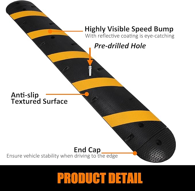84" Rubber Speed Bumps, 1 Pack Heavy Duty Speed Bumps for Driveway Rubber Gravel Road Asphalt Parking, Modular Driveway Speed Bumps Cable Protector Ramp with 6 Bolts Spikes, 2 End Caps