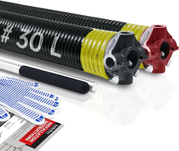 Pair of 2" Garage Door Torsion Springs Set with Non-Slip Winding Bar & Gloves,High Precision Electrophoresis Black Coated, for Replacement & Installation, MIN 16,000 Cycles (0.207x2''x30'')