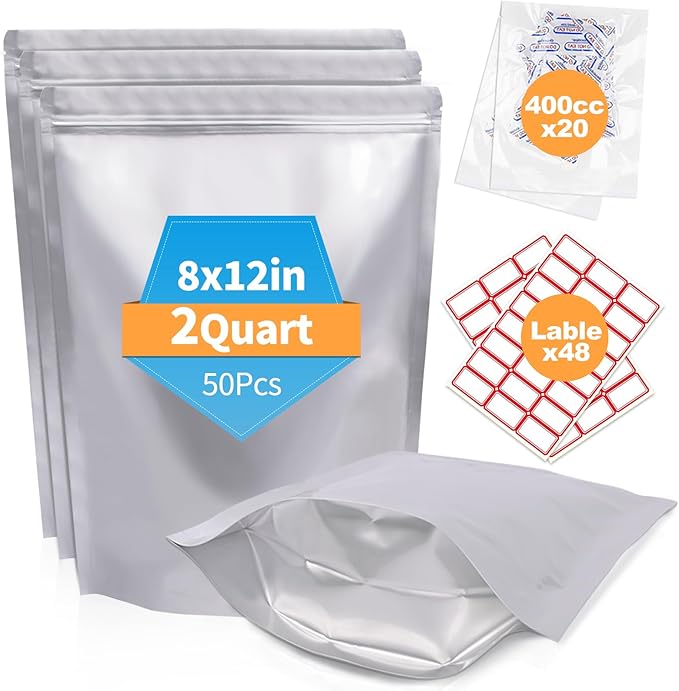 50PCS 2Quart 8"X12" Mylar Bags for Food Storage with Oxygen Absorbers&Lables,10 Mil Thick Resealable Stand-Up Zipper&Heat Sealable Vacuum Sealing Pouches for Long Term Food Storage