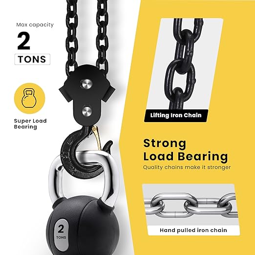 SPECSTAR Hand Chain Hoist 2 Ton 4400 Lbs Capacity 10 Feet with 2 Heavy Duty Hooks, Manual Chain Fall for Warehouse Building Automotive Machinery Yellow