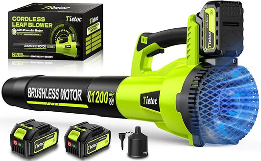 Tietoc Leaf Blower Cordless, 735CFM/200MPH Brushless Electric Leaf Blower with 2 X 5.0Ah Battery, 6 Speed Levels, 2 Extended Tube and Nozzles, Powerful Leaf Blowers for Lawn Care (Light Green)