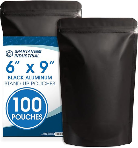 Spartan Industrial 6" X 9" Matte Black Stand-Up Mylar Bags - 100 Count Smell-Proof Bags With Heat Sealable Opening and Resealable Zipper