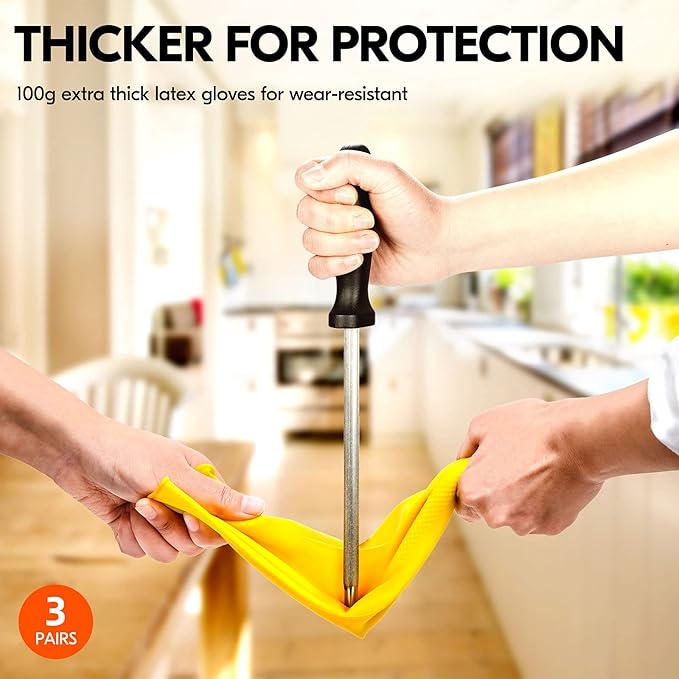 Vgo... 3-Pairs Reusable Household Gloves, Rubber Dishwashing gloves, Extra Thickness, Long Sleeves, Kitchen Cleaning, Working, Painting, Gardening, Pet Care (Size M, Yellow, HH4601)