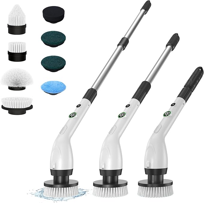 Electric Spin Scrubber, Cleaning Brush with 8 Brush Heads, IPX7 Waterproof LED Display, Adjustable Extension Handle Shower Scrubber for Bathroom Floor Tub Tile (Black)