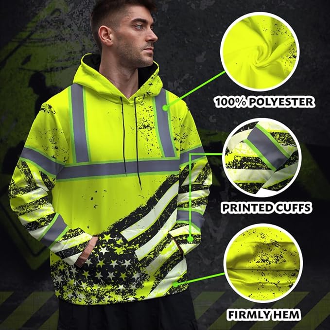 Color US Flag High Visibility Hoodie for Men Women Reflective Tapes Safety Workwear for Worker Runner Patriotic