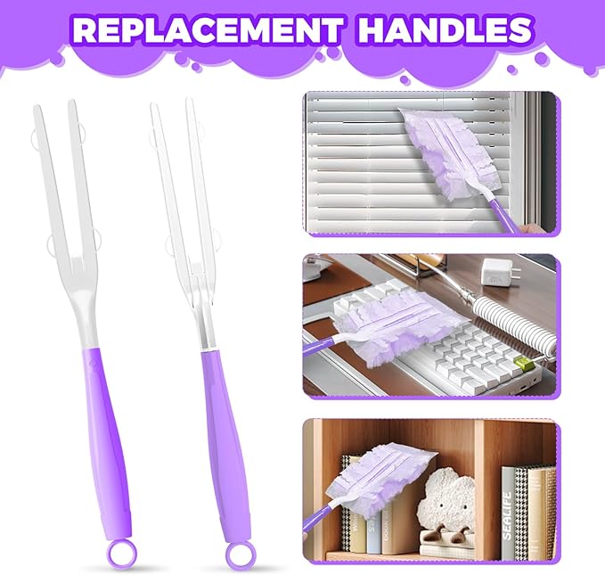 3PCS Duster Refills Folding Handles Set Compatible with Swiffer Dusters,Disposable Static Dust Removal Brush Handle for Dusting Electronics,Furniture,Blinds,Ceiling Fans (3, Purple)