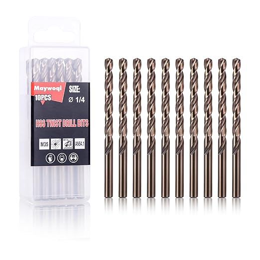 1/4 Inch Cobalt Drill Bit Set (10Pcs), M35 Fully Grounded 5% Cobalt Bits for Hardened Metals, Stainless Steel, Cast Iron and Wooden Plastics, with Storage Box