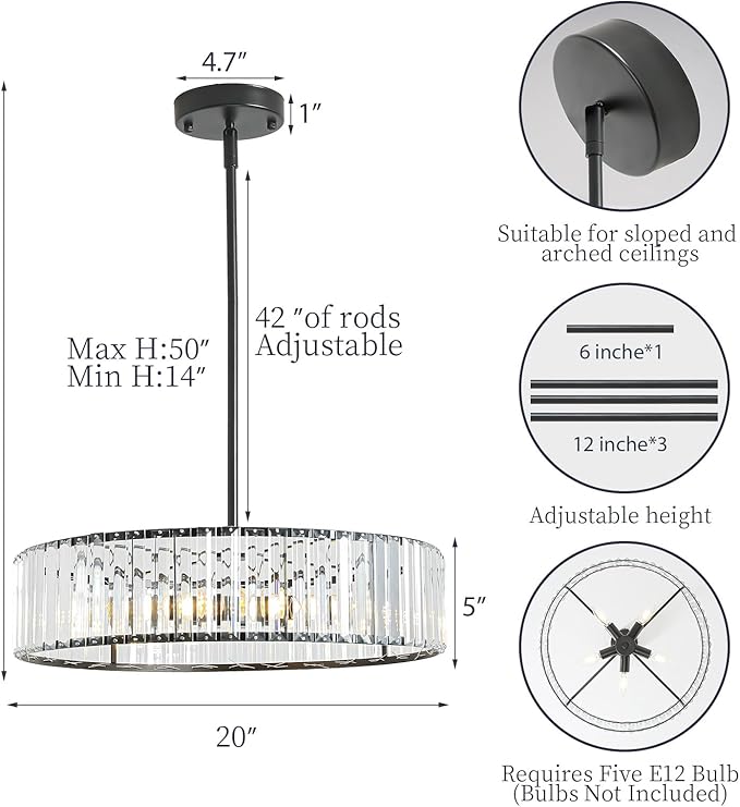 Modern Black Crystal Chandelier for Dining Room,5-Light Semi Flush Mount Ceiling Light Fixtures,20in Bedroom Fixture, Round Kitchen Hanging Drum Pendant Lights for Living Room Foyer