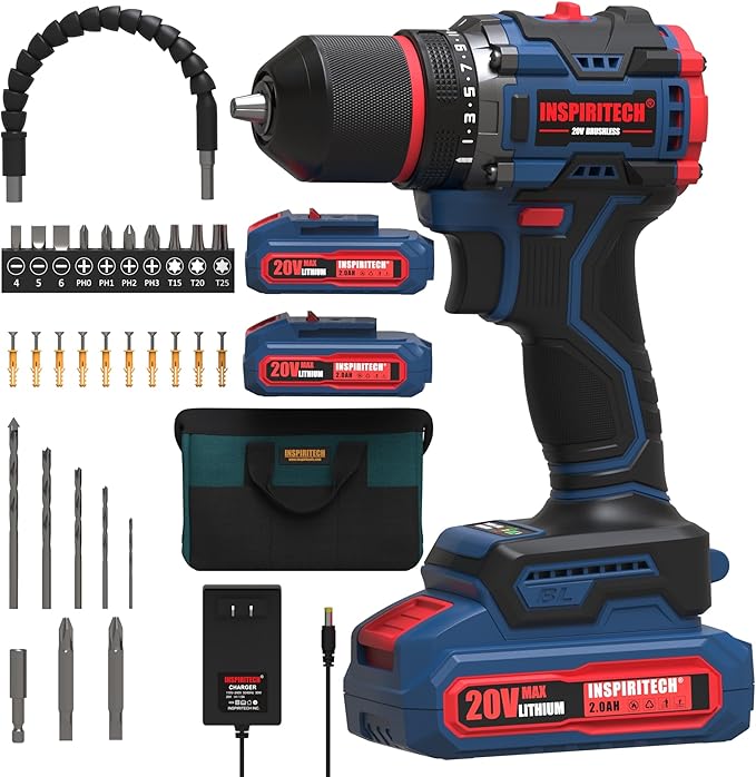 20V Cordless Drill Set, Brushless Power Drill with 2 Batteries and Charger, 3/8-Inch Metal Chuck, 22 Torque Settings, Drill/Driver Bits and Tool Bag Included