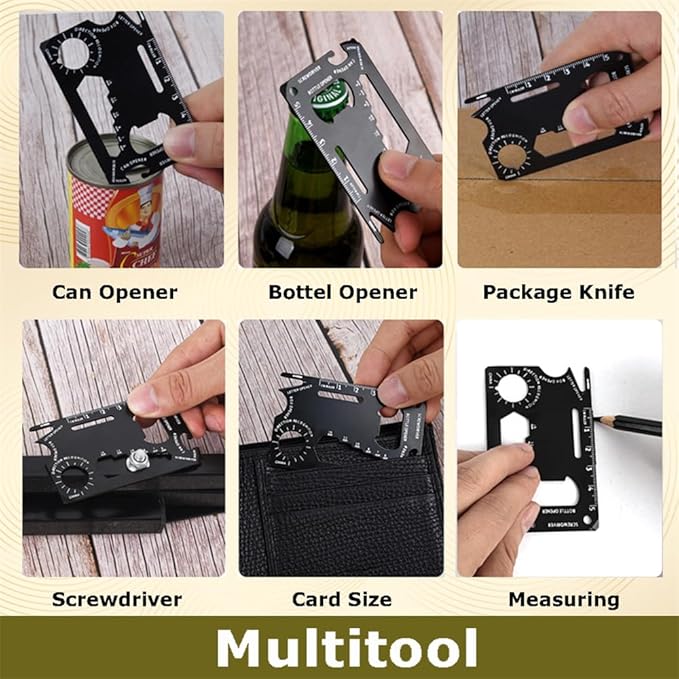 2 Pack Credit Card Multitool - Stainless Steel EDC Pocket Tool, 15-in-1 with Bottle Opener/Screwdriver/Wrench/Ruler for Camping, Hiking, Hunting, Outdoor Activities