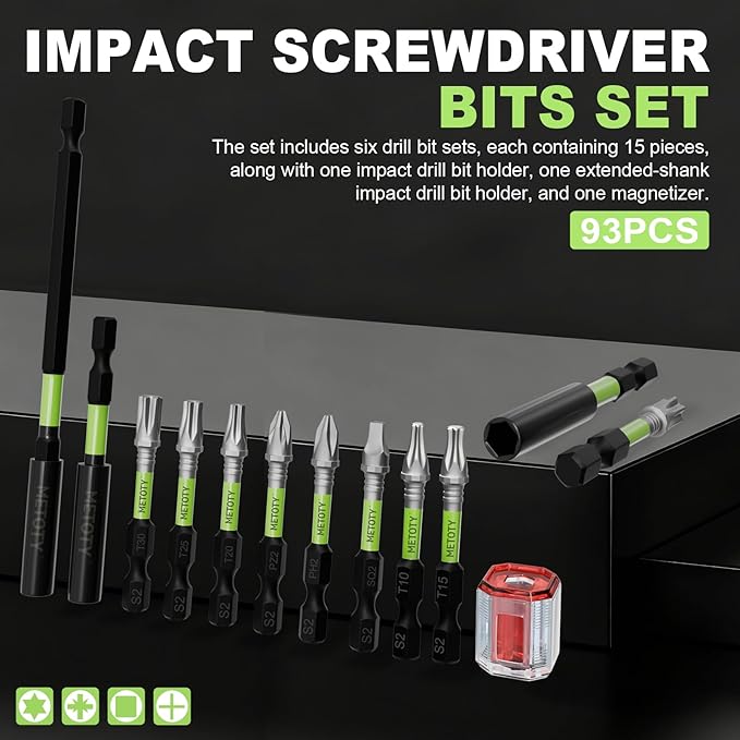 93Pcs impact driver bit set, Has Magnetic Functionality Screwdriver Bit Set. 2" (PH2,PZ2,SQ2,T10,T15, T20,T25,T30) a Magnetizer, and Extension rod, All made of S2 steel, Hard and Durable.