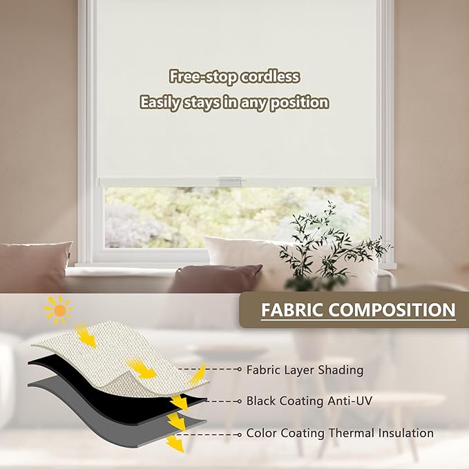 Cordless Blackout Roller Shades Blinds for Windows Free-Stop,Pull Down Room Darkening with Valance,Thermal Insulated Woven Fabric Window Door Blinds for Home,Office,Beige 55" W x 72" L