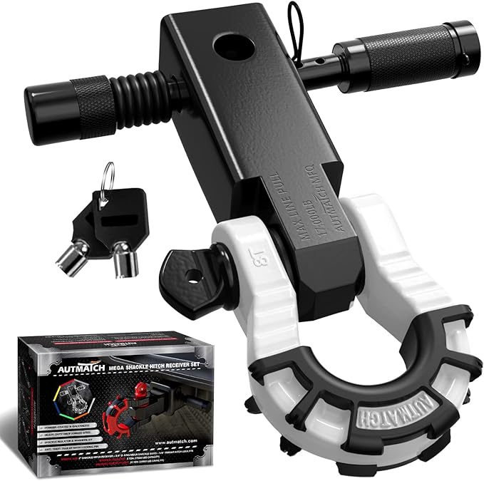 AUTMATCH Shackle Hitch Receiver 2" with 3/4" Mega D Ring Shackle and 5/8" Trailer Hitch Lock Pin, 68,000 Lbs Break Strength Heavy Duty Receiver Towing Kit for Off-Road Vehicle Recovery, Black & White