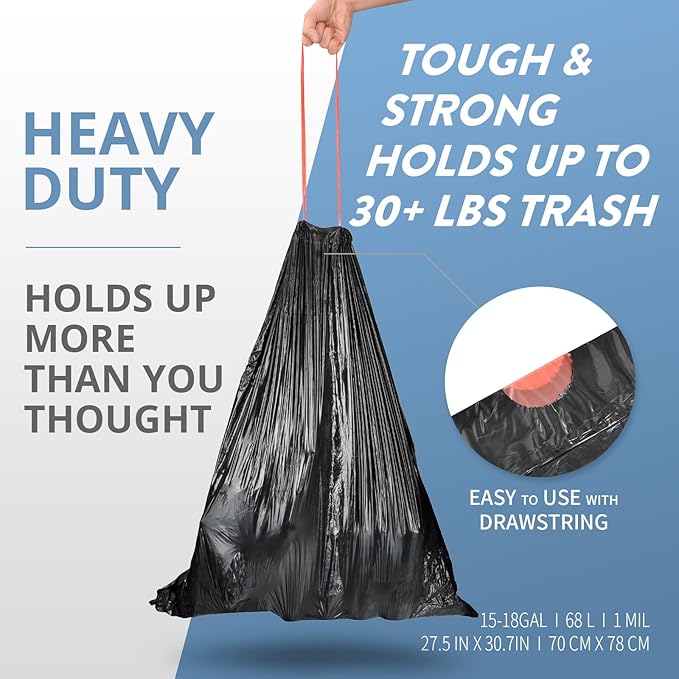 15-18 Gallon Black Trash Bags with Drawstring (102 Count) Fit 16, 17 Gal High Density Large Garbage Bags, Strong Plastic Trash Can Liners for Kitchen Lawn Commercial