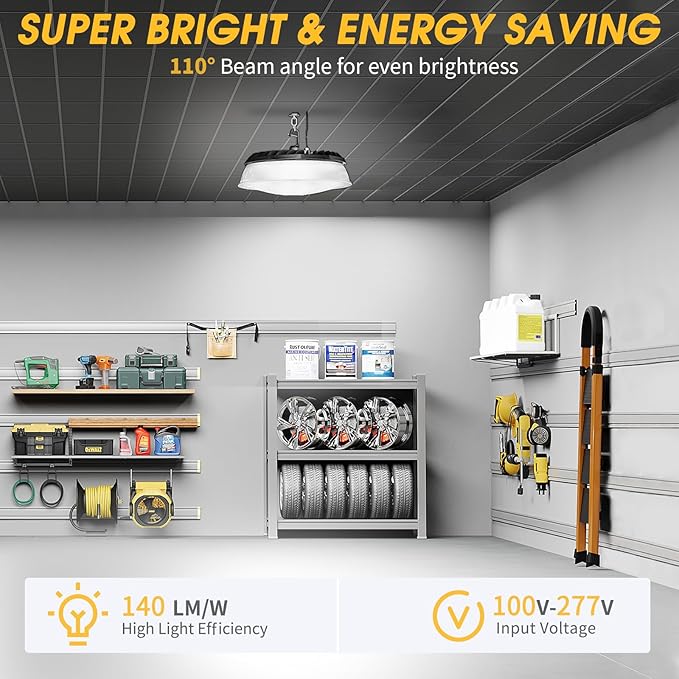 2 Pack 155W UFO LED High Bay Light with Reflector 22,500lm 5000K LED High Bay Lights AC110-277V 5' Cable with Plug Waterproof UFO Lights for Garage Shop Factory Warehouse ETL Listed
