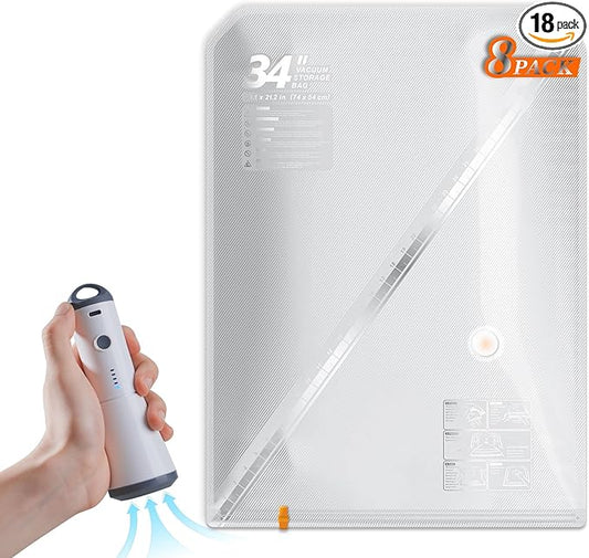 Vacuum Seal Bags for Clothing Travel, 8 Pack 34" Vacuum Storage Bags with Wireless Charging Pump Compression Packing for Clothes Blanket Bedding Suitcase Luggage, Space Saver for Travel