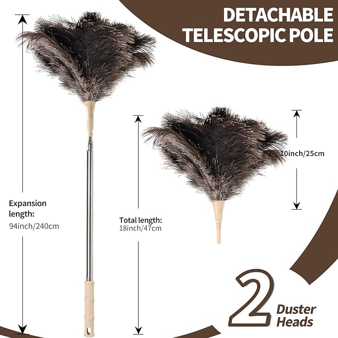 Ostrich Feather Duster 27-94Inch Retractable Fluffy Natural Detachable Ostrich Feather Duster Used for Household Cleaning and High-Altitude Cleaning (2PCS)