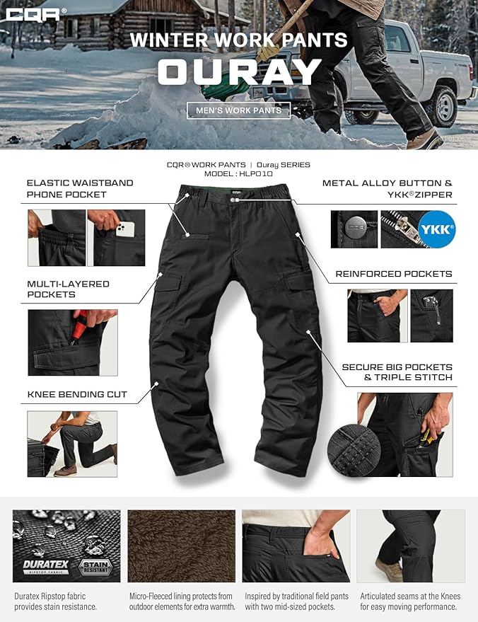 CQR Men's Winter Tactical Cargo Pants, Thermal Fleece Lined Outdoor Snow Ski Hiking Work