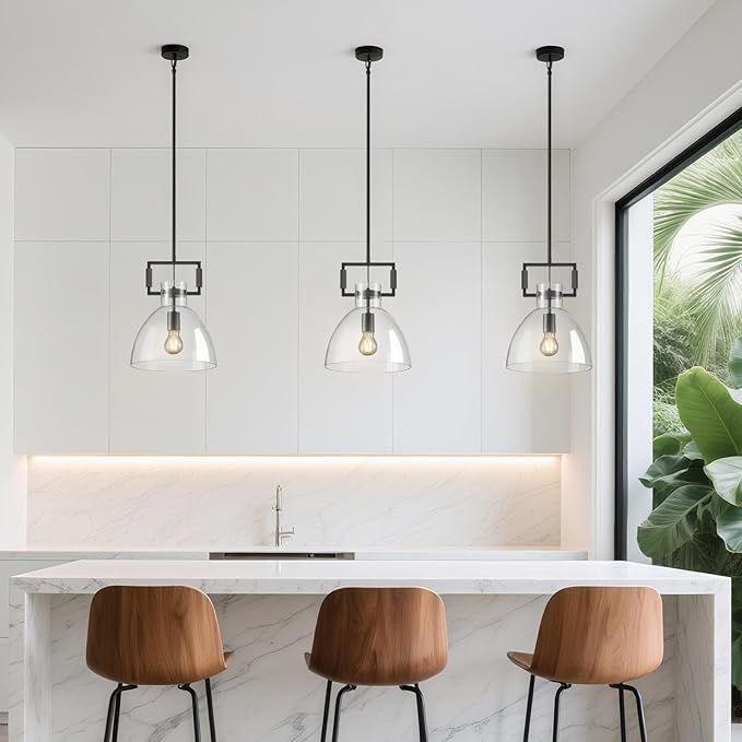 Mondern Large Black Kitchen Island Pendant Light, 10 '' W 1-Light Glass and Brass Island Pendant Lights,Farmhouses Pendant Light, for Kitchen,Dining Room,Bathroom