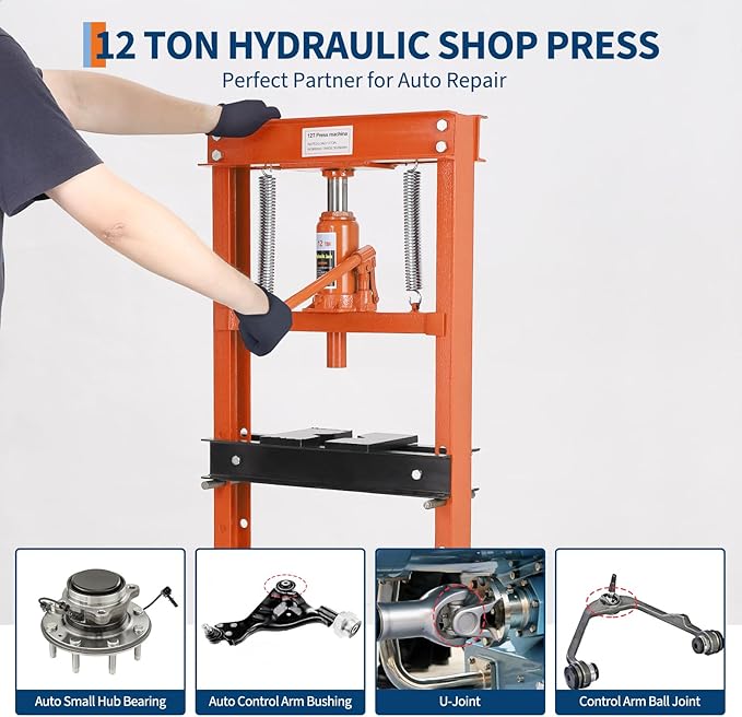Hydraulic Press 12 Ton Hydraulic Shop Press H-Frame Garage Floor Adjustable Shop Press with 2 Plates Adjustable Working Table Height, Orange