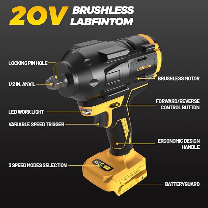 Cordless Impact Wrench for De-Walt 20V Battery, 1/2" High Torque Impact Gun, 900Ft-lbs(1200N.m) Brushless Power Impact Driver with 4-Mode Speed, LED Work Light (Battery NOT included)