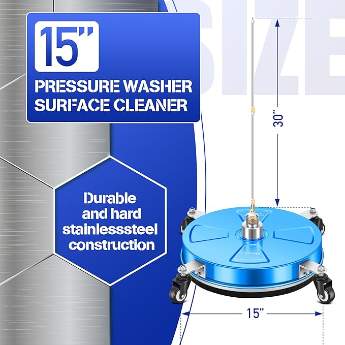 15" Pressure Washer Surface Cleaner with 4 Wheels - Coated Blue Stainless Steel Surface Cleaner for Pressure Washer Attachment for Concrete, Driveway, Patio, Sidewalk, Deck and Driveways - PWS15B