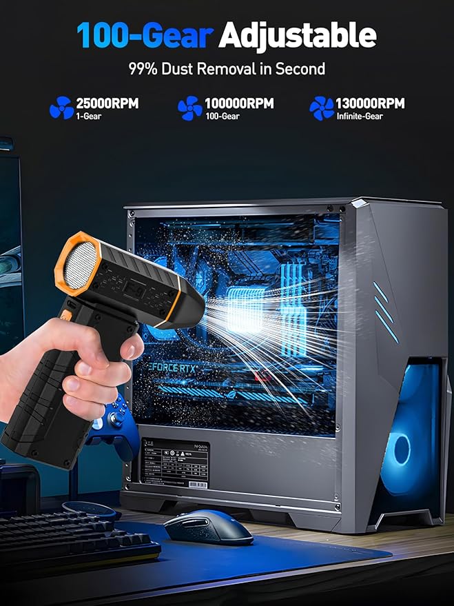 Compressed Air Duster 130000RPM Electric Duster with LED Light, 100 Gear Adjustable Rechargeable Cordless Air Blower Cleaning Tool for Keyboard,Electronic Devices,Car, Christmas Gifts for Men (Orange)