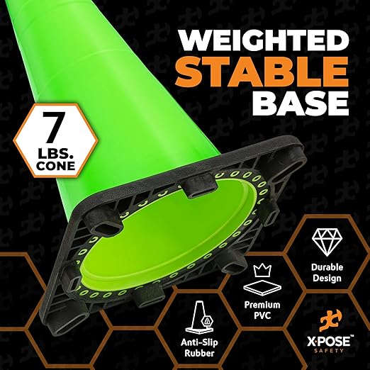 Xpose Safety 28” Lime Green Traffic Cone - 1 Pack - Premium PVC Safety Cone for Parking, Caution, Construction, Road Crews, Emergency Vehicle - DOT Approved