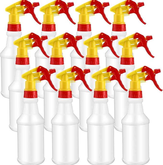 Eccliy 12 Pcs 16 Oz Plastic Spray Bottle, Adjustable Empty Reusable Sprayer for Cleaning, Planting, Water, Bathroom and Kitchen, BBQ, Commercial and Residential(Red & Yellow,Original)