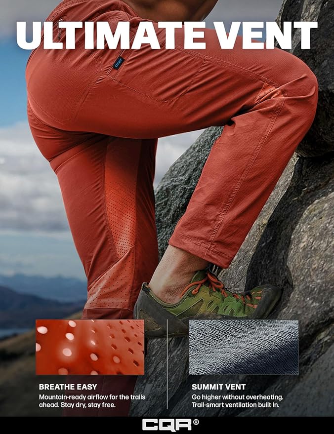 CQR Men's Lightweight Vent Hiking Pants, Water-Resistant & Breathable Sports Outdoor Athletic Pants with Elastic Waist