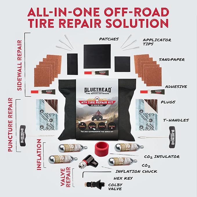 GlueTread ATV Tire Repair Kit Complete Off-Road Tire Patch Kit - Includes Glue Tread Sidewall Repair Patches, Colby Emergency Valve, Plug Kits (12 Plugs), T Handles and 4 CO2 Cartridges - Heavy Duty