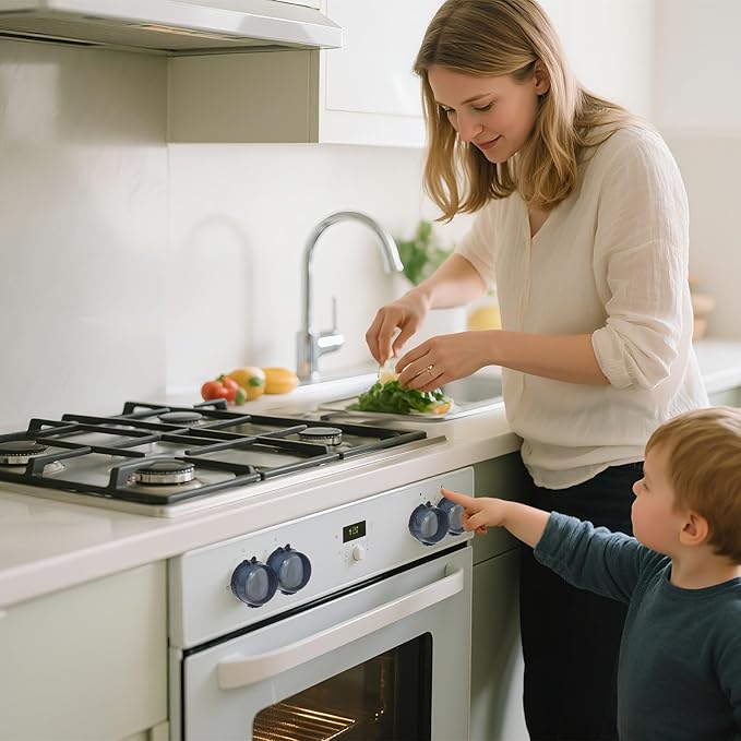 Stove knob Safety Covers for Child Upgraded Unlock Universal Size with Adult Two-Finger, Dual-Key Press Gas Stove Knob Locks Water Resistant Oil Resistant and High Temperature Resistant（6 Pack）