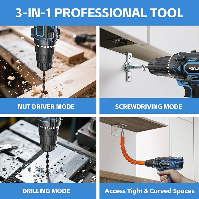Cordless Drill Set 12V Power Drill with Battery and Charger, 2-Speed Electric Drill with 3/8" Keyless Chuck